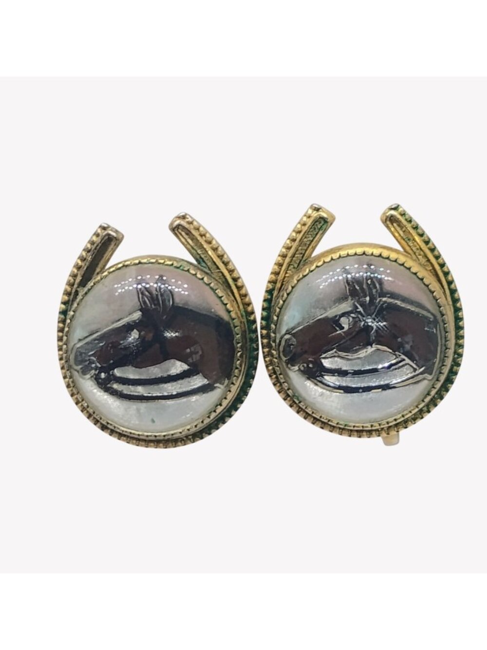 Vtg Reverse Painted Glass Horse Head in Gold Tone Horseshoe Screw Back Earrings